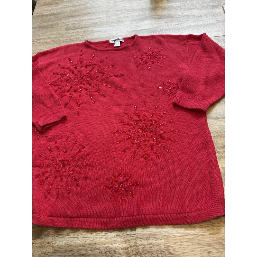 VTG Christmas Sweater Tunic Holiday Party Long Large Red Bling Snowflake Retro